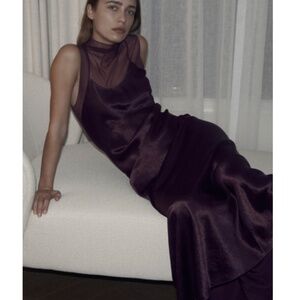 Zara 🔥 Lingerie Style Satin Effect Dress Mesh Maroon Long Black Label  Small